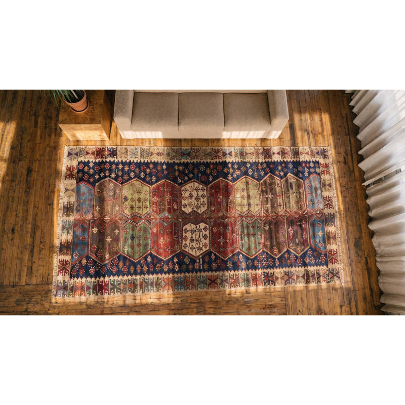 Blue Antique Tribal Geometric Mid 19th Century Turkish Kilim Long and Narrow Size Flatweave Rug