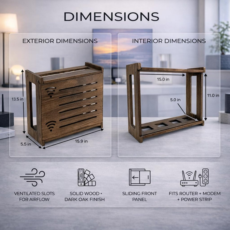 Cache-routeur, tablette pour routeur WiFi, meuble de rangement WiFi en bois avec panneau coulissant, dos ventilé, gestion des câbles