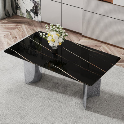 Modern Minimalist Dining Table. The Black Imitation Marble Glass Desktop Is Equipped With Silver Metal Legs