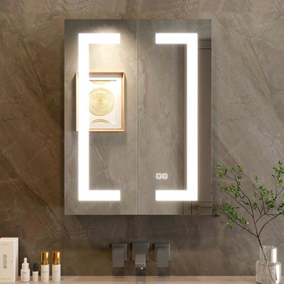 Armoire à pharmacie 32 "à miroir 24" pour salle de bain - à intensité variable, brouillard, tablette réglable, 2 portes, douilles, design argenté à intensité variable 3 couleurs, brillant