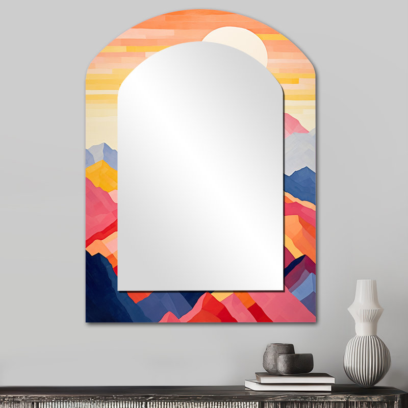 Mountains Sunrise Realms I - miroir en arc de montagne, miroir mural asymétrique traditionnel, impression sur métal
