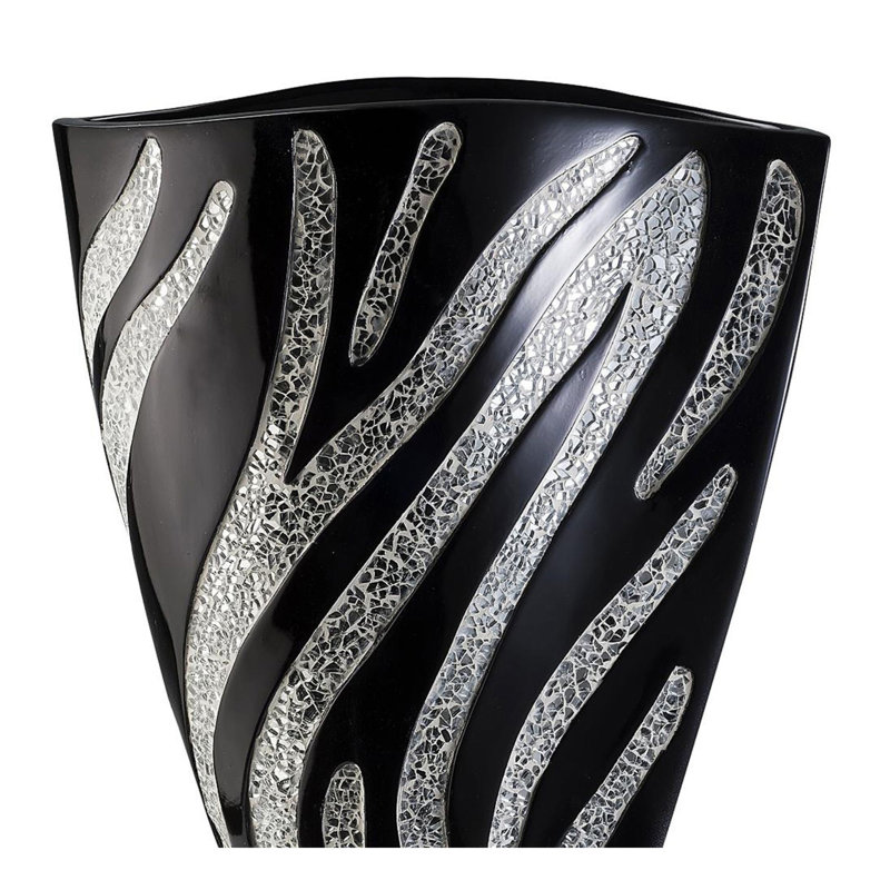 Tall Polyresin Decorative Vase, Black finish with Silver Zebra Pattern