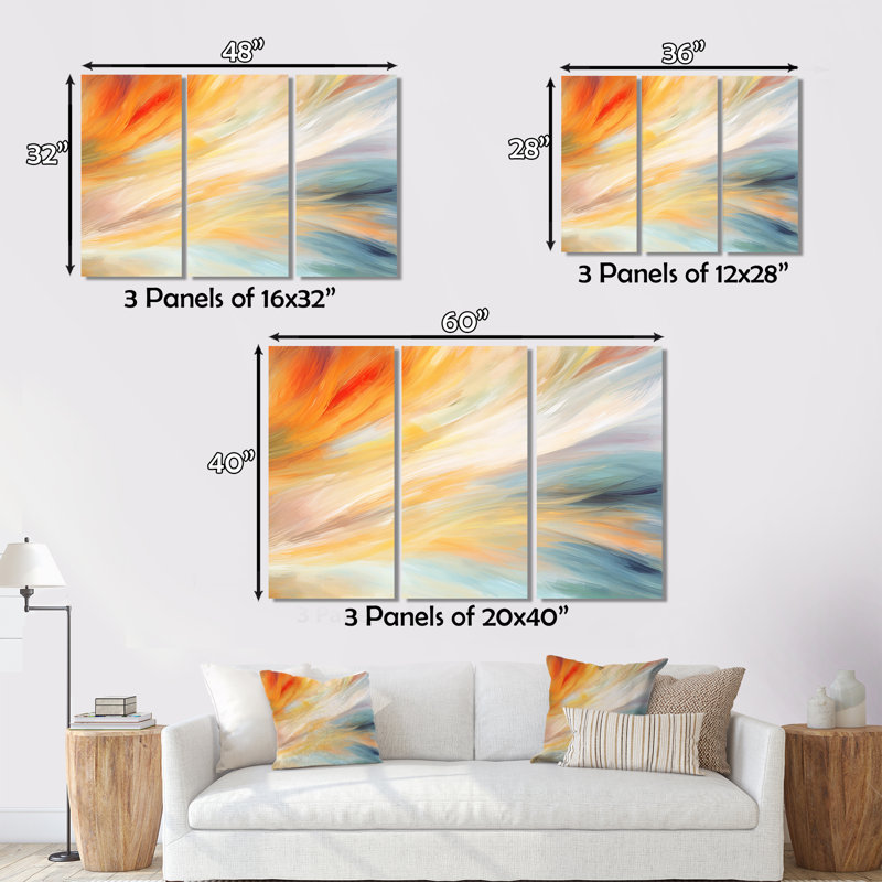 «Vintage Blue and Orange Wave Elegance I», reproduction de toile tendue 3 pièces, H 32 po x l 48 po x P 1 po