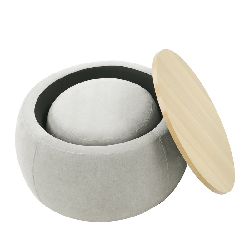 Round Storage Ottoman, 2 In 1 Function, Work As End Table And Ottoman,With Small Seat (25"X25"X14.7"), Natural, Light Grey