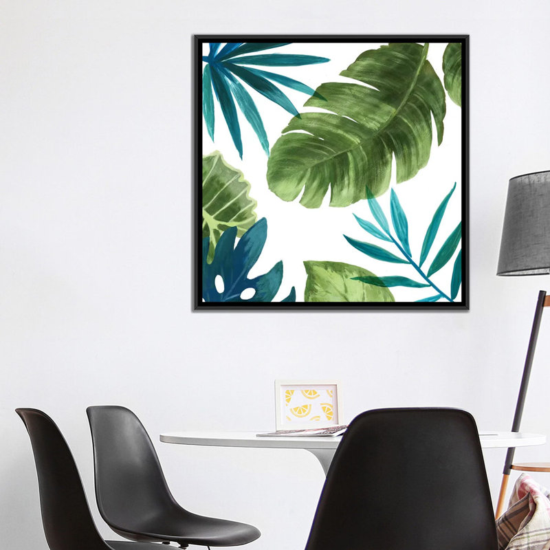 « tropical leaves ii », impression sur toile, H 18 po x l 18 po x p 1,5 po, Toile avec cadre noir, Pas de tapis