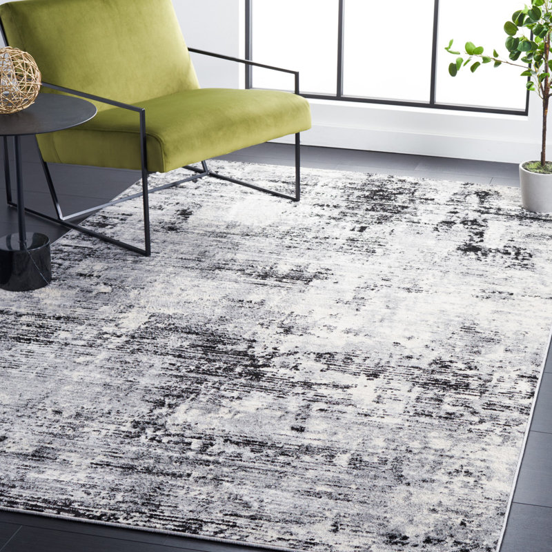 Abstract Power Loom Black/Ivory Area Rug, Rectangle 5'3" x 7'6"