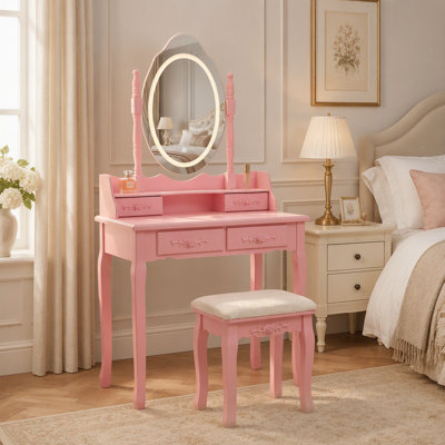 Ensemble de coiffeuse rose princesse avec miroir lumineux DEL, rangement à 4 tiroirs et tabouret rembourré pour chambres de filles