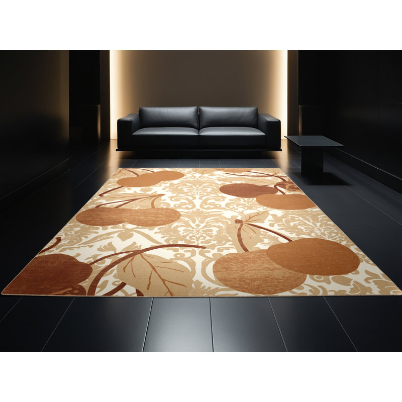 Machine Washable Tomohon Cherry Classic Damask Rug in Beige – Beige Binding, 2x5