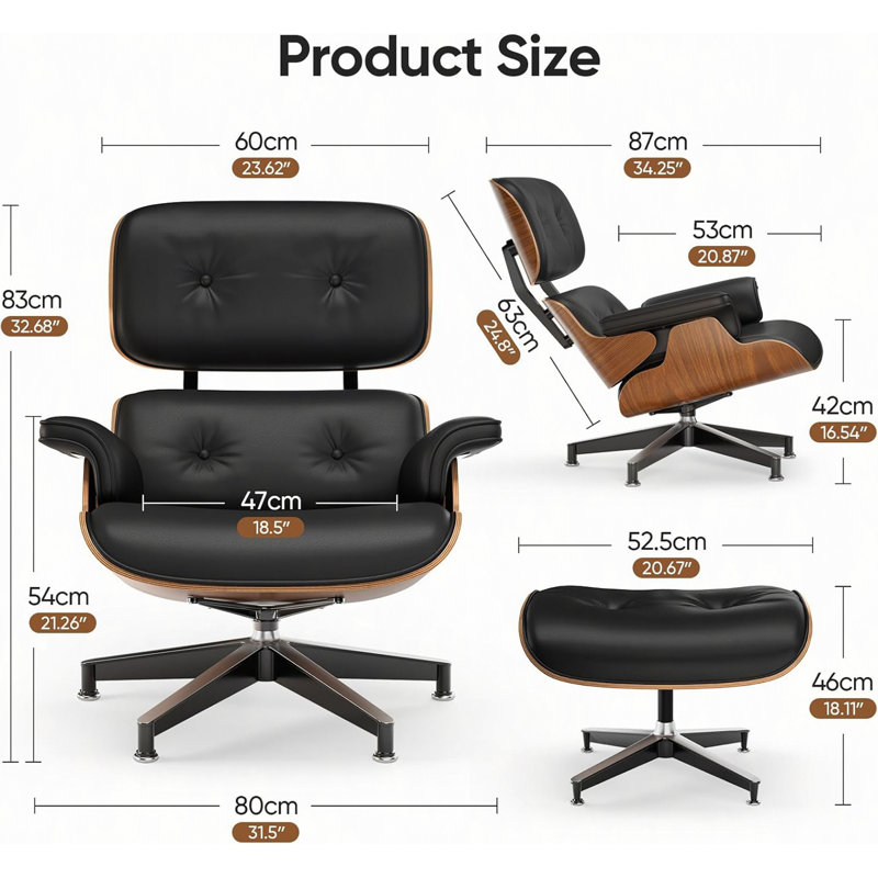 Cuir de grain supérieur, méridienne et repose-pieds de style Mid-Century, conception moderne de chaise classique, support de base robuste pour bureau d'étude de salon, noyer, rehausse