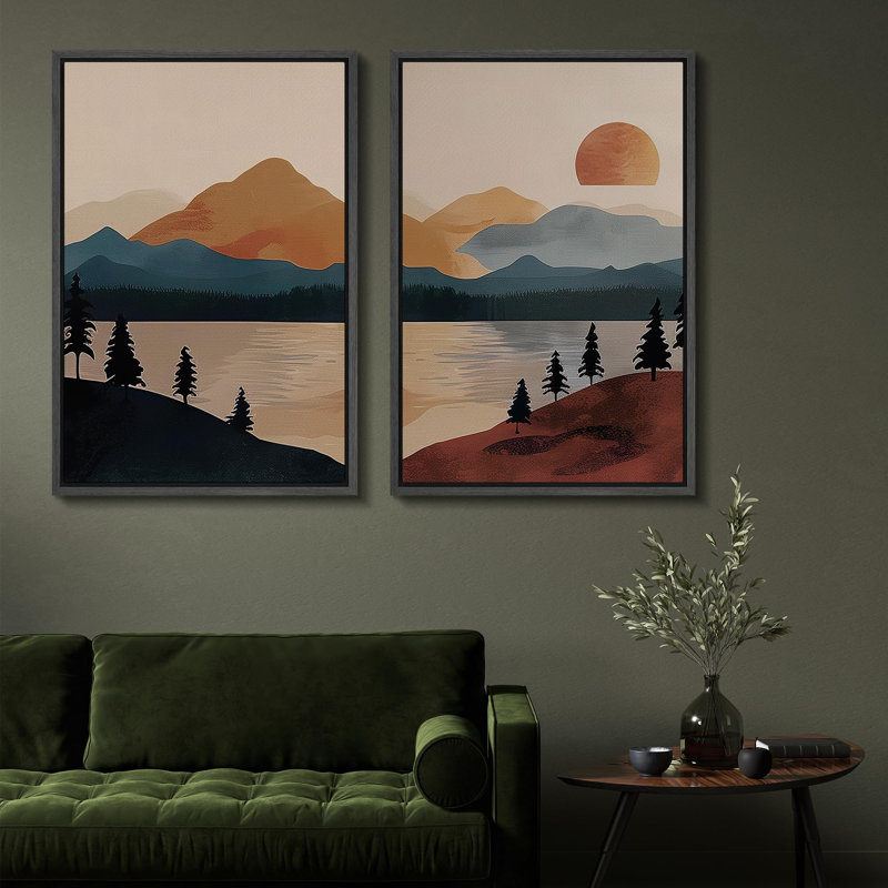 «Mid-Century Modern Brown Mountain Lake Landscape Decor», art mural, impression sur toile, 2 pièces, Cadre noir