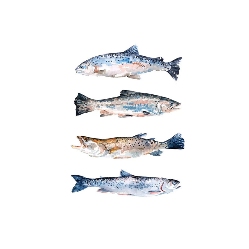 «Stacked Trout II» par Emma Scarvey - peinture sur toile tendue, H 60 po x l 40po x P 1,5 po
