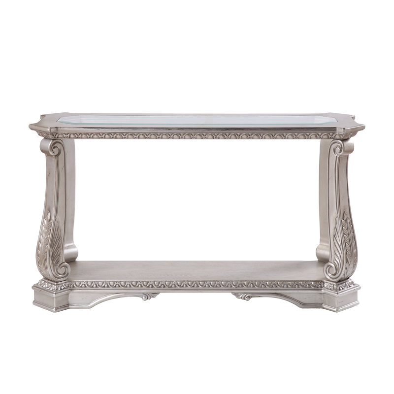 Forsyth Transitional Rectangular Sofa Table with Bottom Shelf in Antique Silver & Clear Glass
