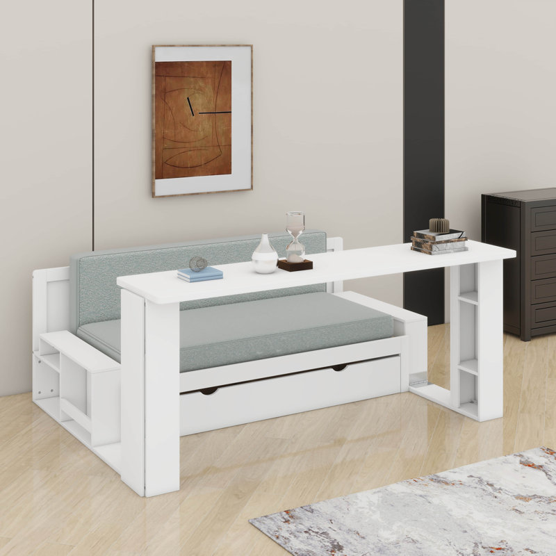 Grand lit de jour avec bureau, tiroirs et table, Blanc, Grand lit