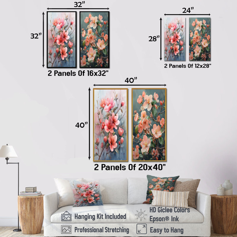 Ensemble de 2 pièces d'art en fleurs rose et gris, H 32 po x l 32 po, Impression encadrée, Blanc