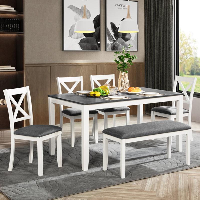 Caden Modern 6-Piece Wood Dining Table Set with Bench, Gray, Gray/White, White