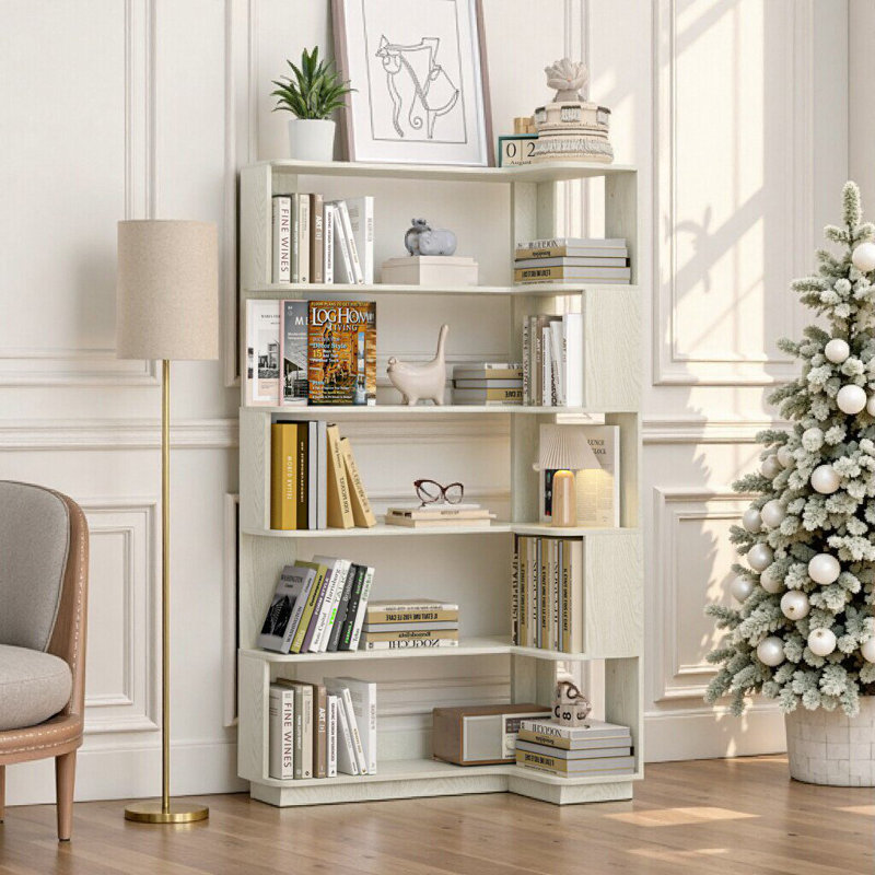 Bibliothèque d'angle autoportante Unavela: taille allongée, sécurité anti-basculement, Blanc