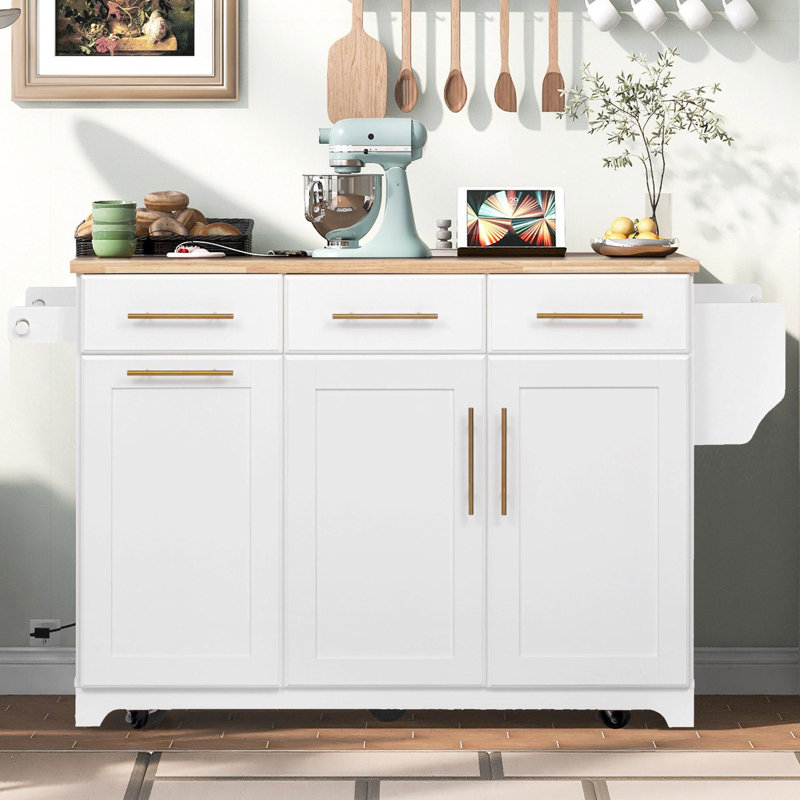 Chariot pour îlot de cuisine avec rangement 59,5 po Arnola, Blanc