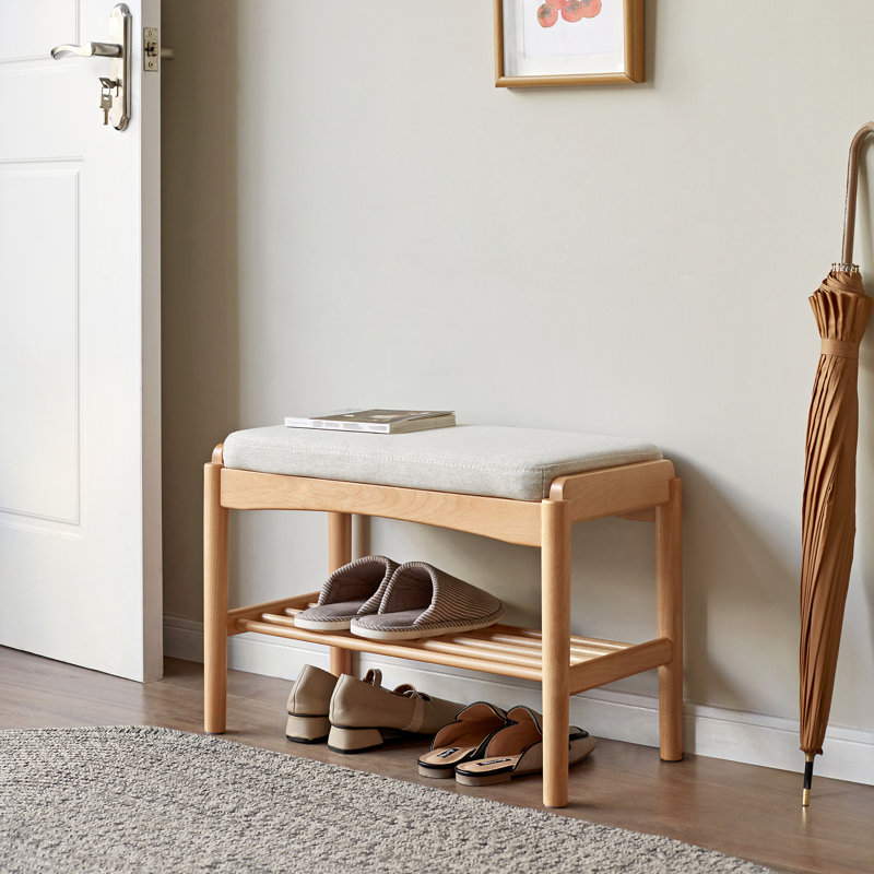 Banc à chaussures en bois massif, rangement Mid-Century moderne avec coussin éponge à rebond élevé pour le vestibule et les espaces de vie