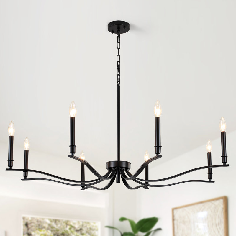 Lustre 8 lumières de style campagnard à 8 lumières de 43,7 po de largeur, Noir mat