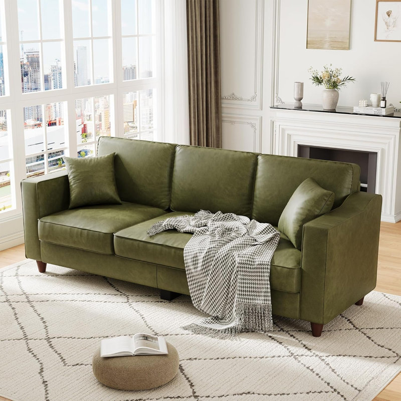 85" Faux Leather 3-Seater Sofa with Pillows & Wood Legs, Olive Green, Green