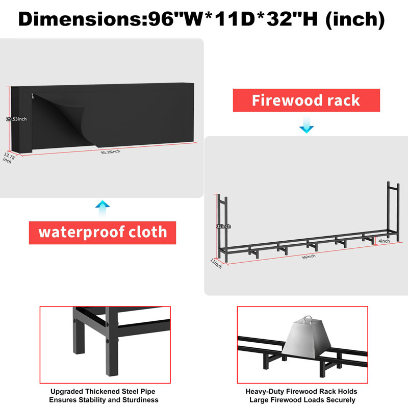  8ft Firewood Rack With Tarp Firewood Rack Outdoor, Heavy Duty Fire Wood Stand, Metal Firewood Rack Indoor, Firewood Holder Storage, Log Wood Pile Racks Stand for Patio, Garden, Backyard, Matte Black