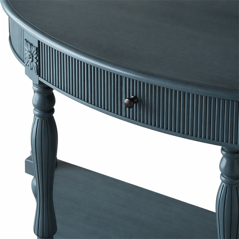 Console demi-lune en bois massif avec tiroir et tablette, Bleu antique, Bleu antique, Bleu antique