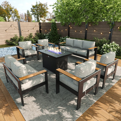Outdoor Aluminum Furniture Set with Fire Pit Table, Modern Patio Conversation Sets for Porch, Backyard by Latitude Run