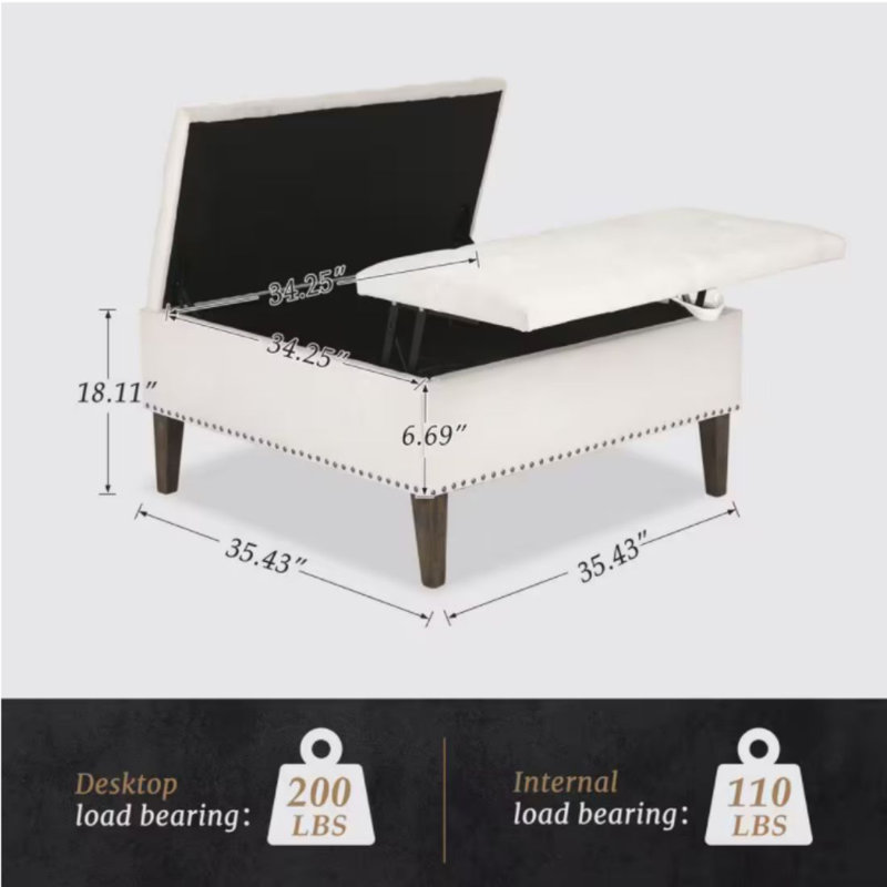 36 In. W White/double Open Door fabric Square Coffee Table Storage Ottoman