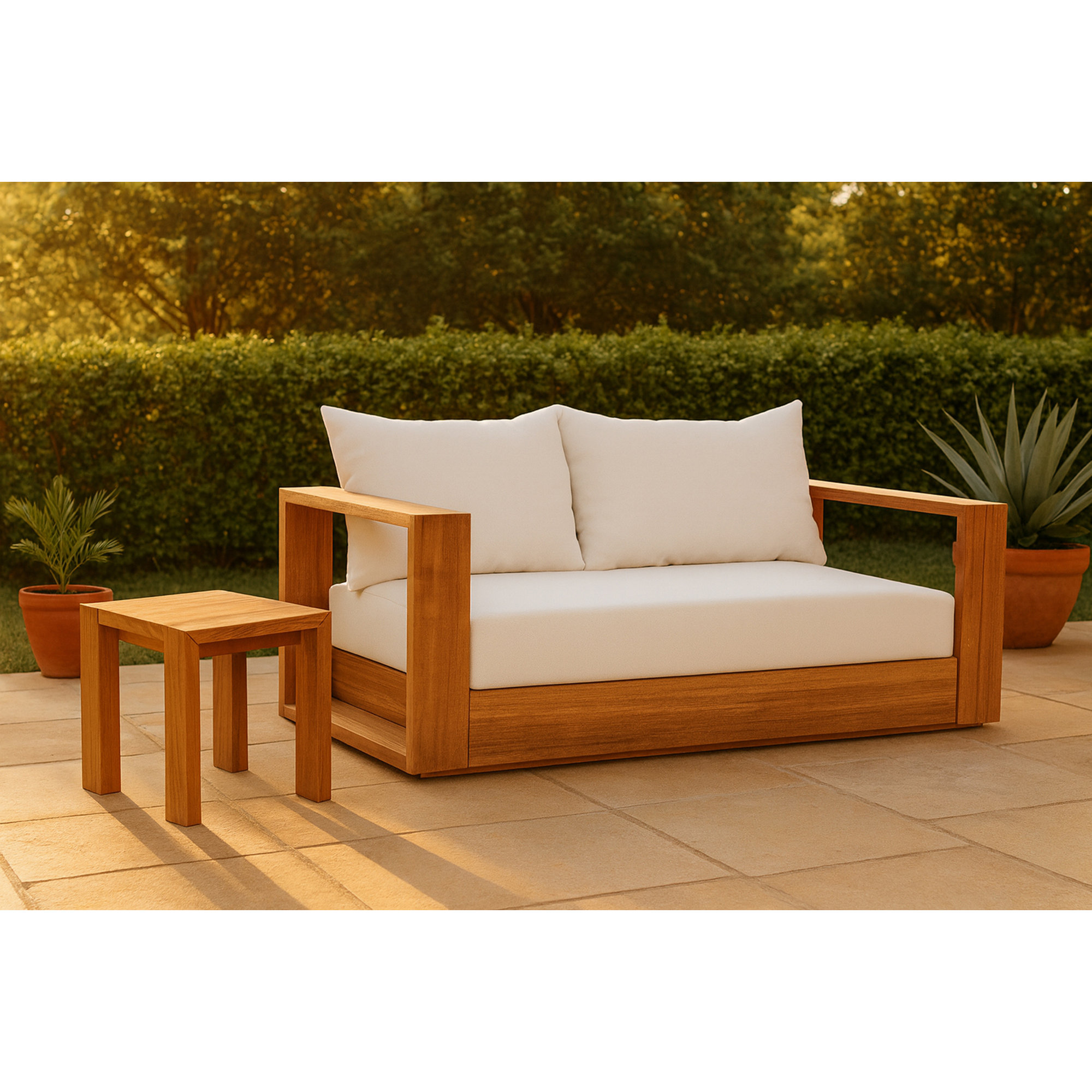 Gazel 63'' Wide Teak Loveseat with Cushions, White