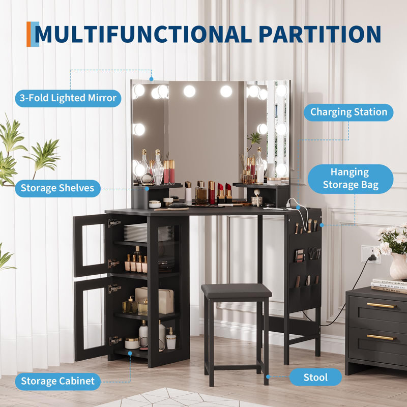 Meuble-lavabo de coin avec tabouret, meuble-lavabo de coin avec ampoules, miroir, station de charge et armoire pour la chambre à coucher, noir