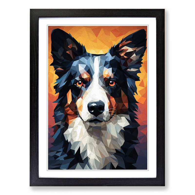 Border Collie Geometric - Single Picture Frame Print on Wood, Black Framed, 64cm H x 46cm W x 2cm D