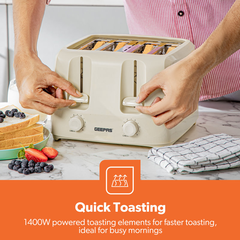 Geepas 4 Slice Toaster | 6 Browning Levels with Cancel Function | For Thin Small Bread Slice | 2 Independent Controls 2 Removable Crumb Trays Cool Touch High Lift | 1400W
