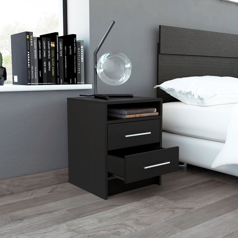 Nightstand , End Table, Side Table Superior Top, Two Drawers, Black