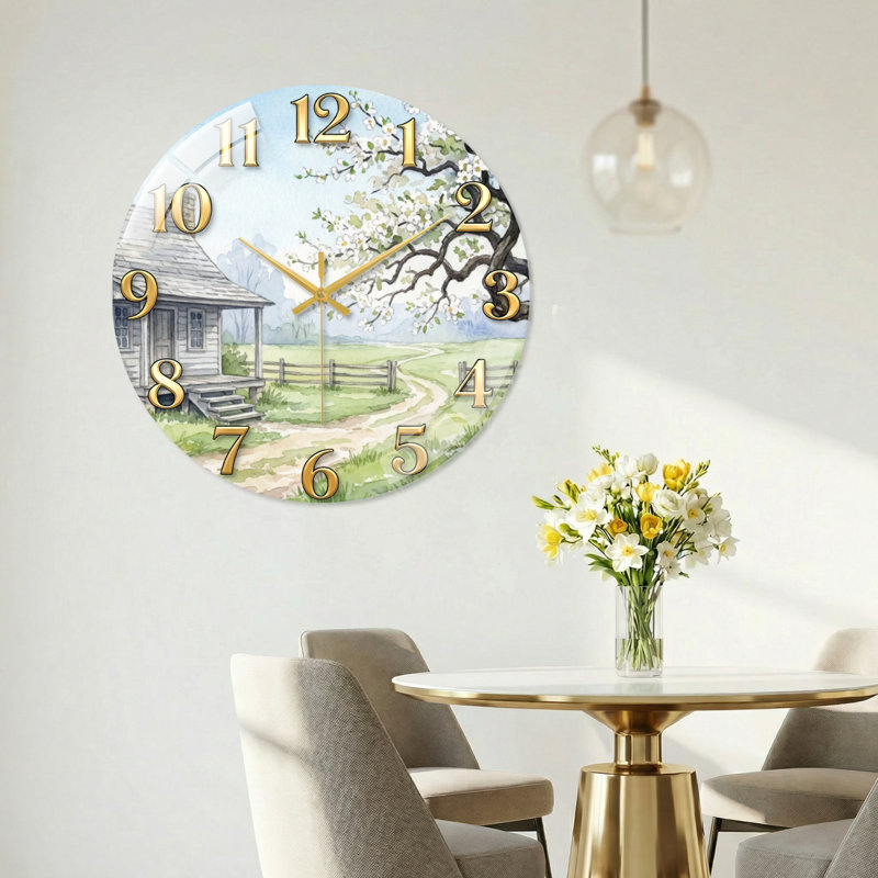 "Scène de campagne", horloge murale en verre, 40 x 40 cm (15,7 x 15,7 pouces)