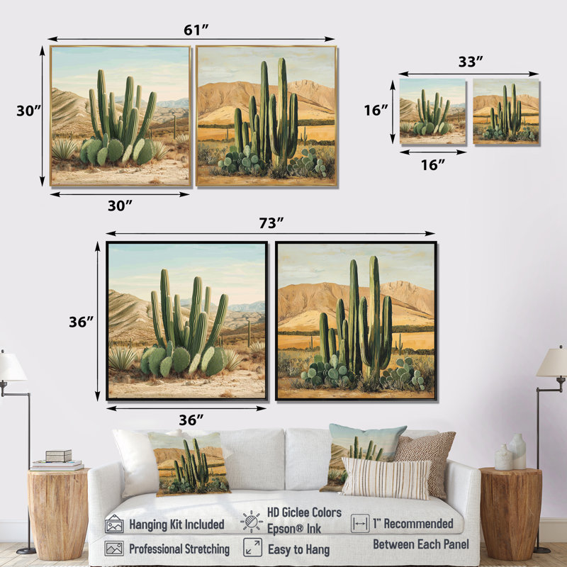 Cactus et le désert - Cactus floral - art mural traditionnel 2 pièces, Floater Framed, Brun, H 16 po x l 33 po