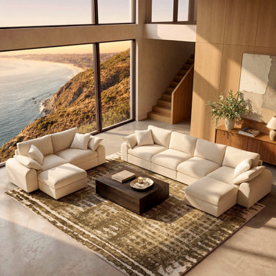 Ensemble de salon modulaire Rialto 4 pièces, style moderne, en chenille duvet mélangée, avec accoudoirs arrondis ; comprend un sofa 4 places, une causeuse et 2 poufs ; montage sans outil ; housses lavables.