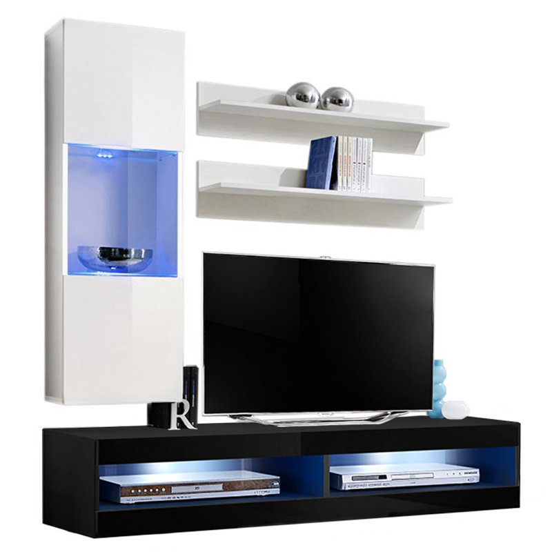 Lomas 63" Modern Floating Wall Mounted Entertainment Center with 16-Color LED Lighting, High Gloss Finish, White/Black