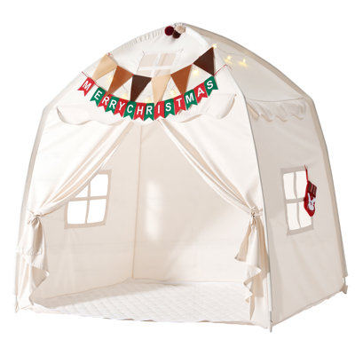 Tente de jeu pour enfants, structure en fibre de verre, matelas rembourré, beige, utilisable à l'intérieur et à l'extérieur, coin lecture/sieste, sac de transport, drapeau, fenêtre aérée, avec guirlande lumineuse étoilée.