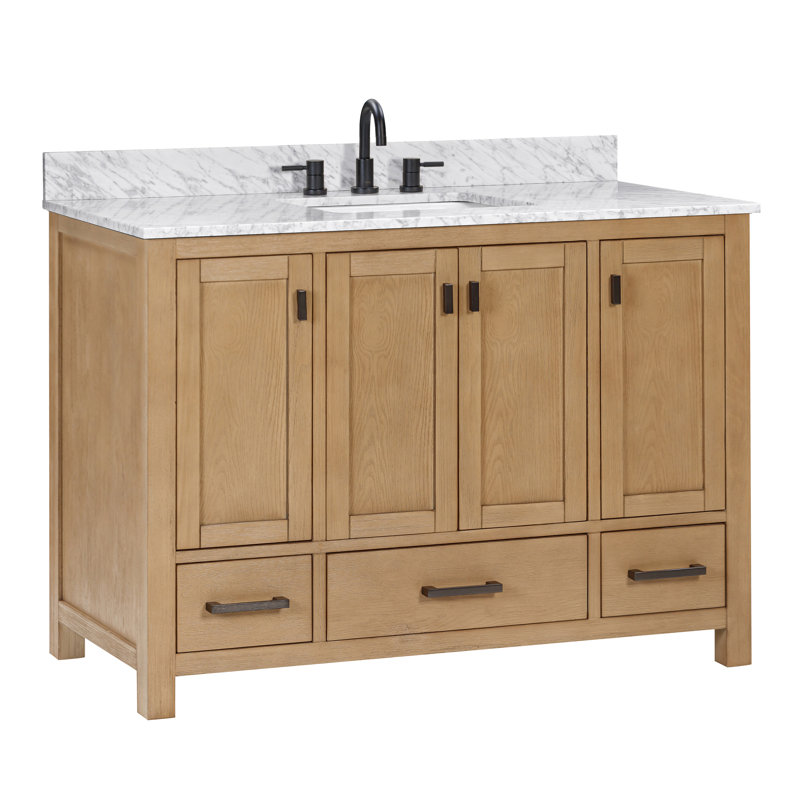 Meuble-lavabo simple 48 po avec plateau Souther, Marbre blanc de Carrare, Chêne brossé, Noir