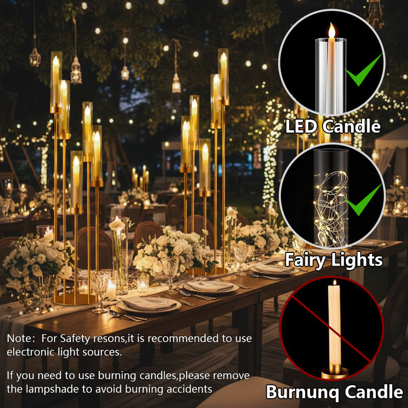 10Pcs Gold Floor Candelabra,5 Arm Candle Holder Tall Floor Candle Holder With Acrylic Lampshade For Wedding Table Birthday Party Halloween Christmas Decoration Fit Led Taper Candles