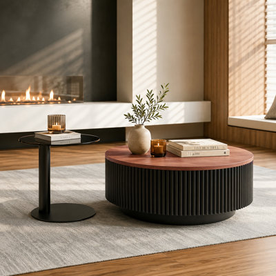 36" Modern Fluted Round Coffee Table Set of 2 with 2 Hidden Storage Drawers, Walnut Finish Top & Tempered Glass Side Table