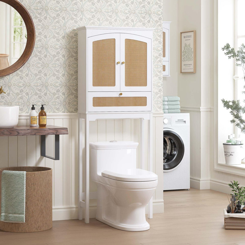 Over-the-Toilet Storage Cabinet with Rattan Doors, Over Toilet Bathroom Organizer with Tilt-Out Cube and Adjustable Shelf, White Space-Saving Bathroom Storage