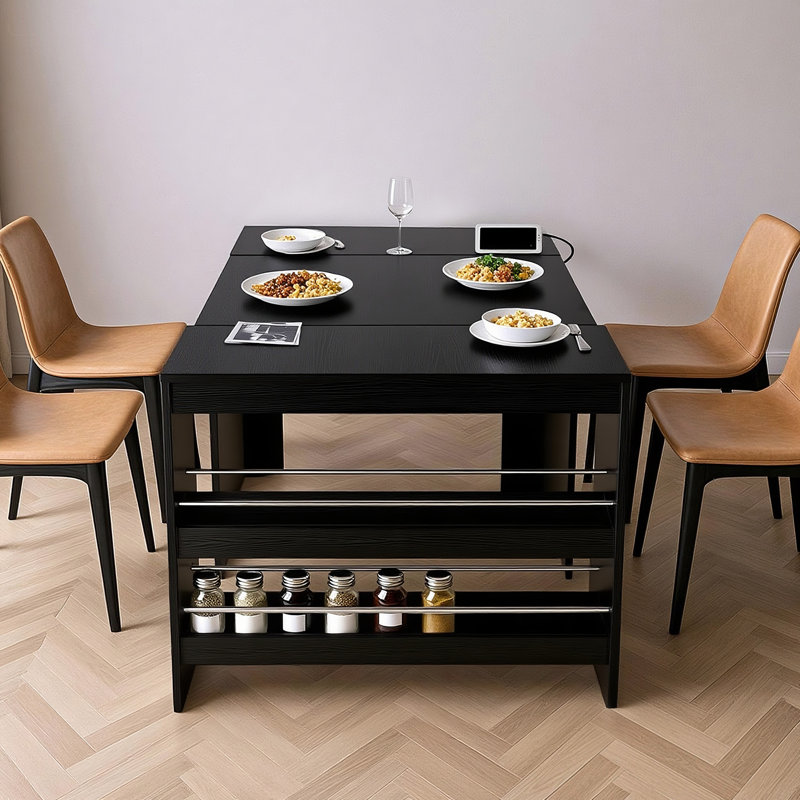 20-118" Extendable Folding Dining Table with USB Charging Ports and Side Storage Shelves, Black