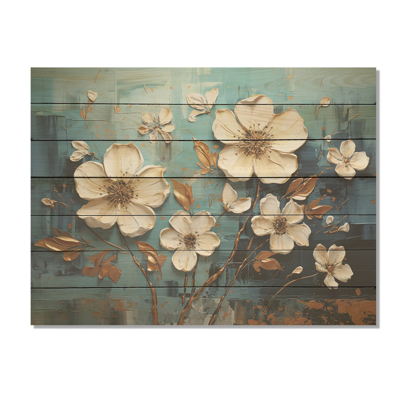 Orchidées blanches et bleues or V - Abstrait floral sur bois, H 10 po x l 20 po x P 0,78 po