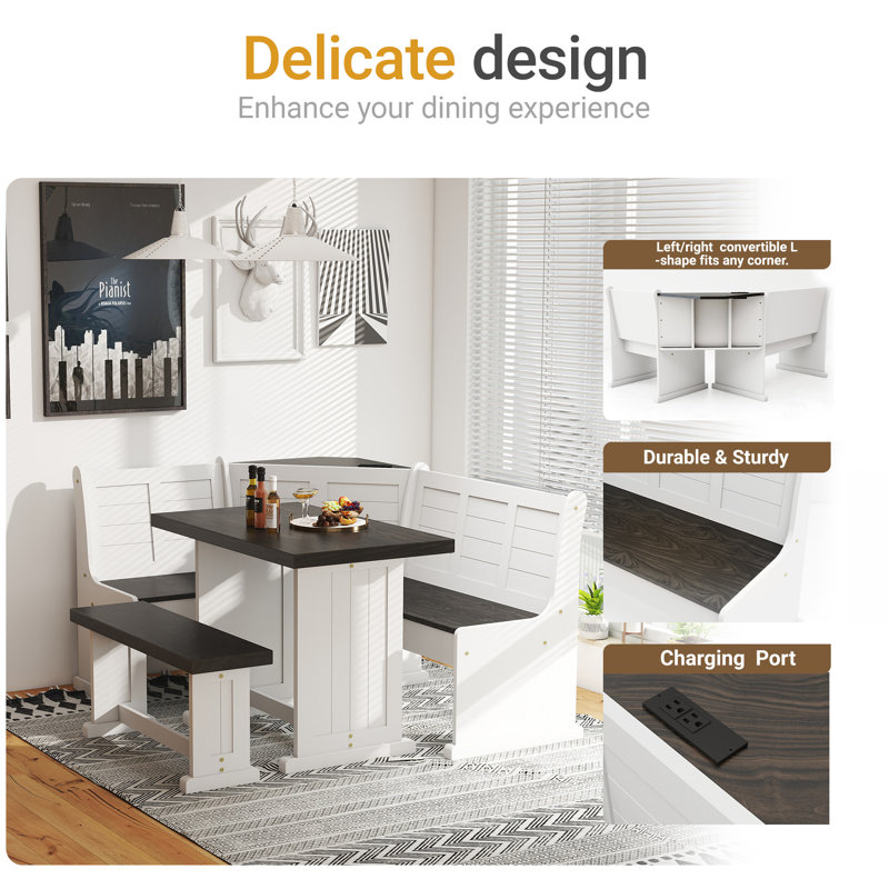 60.6" Pine Solid Wood Dining Table With Storage – Rectangular Farmhouse Table In White & Black Finish