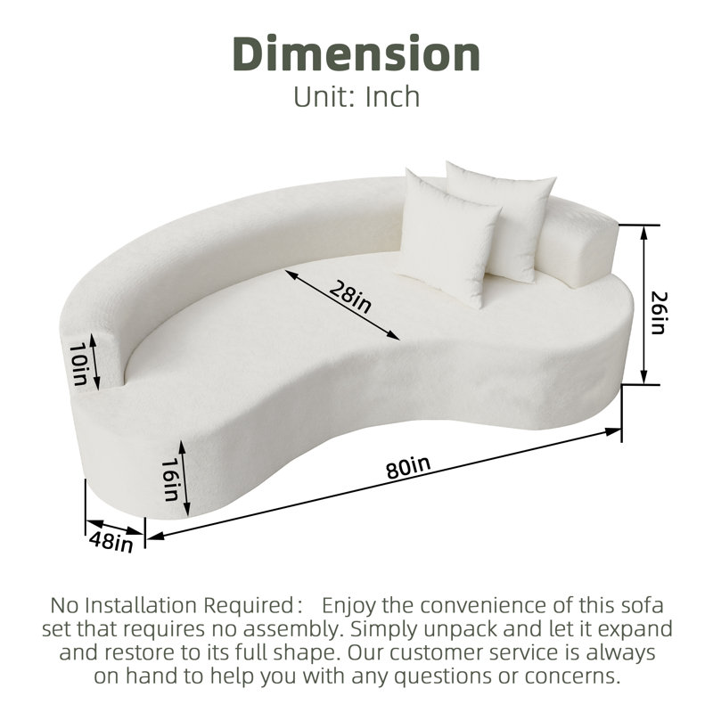 80'' Modern Sectional Sofa Soft Curved Backrest Lamb Velvet Comfy Cloud Couch with 2 Pillows Deep Seat for Living Room Furniture Sets, Apartment All Foam Sofa  NO Frame