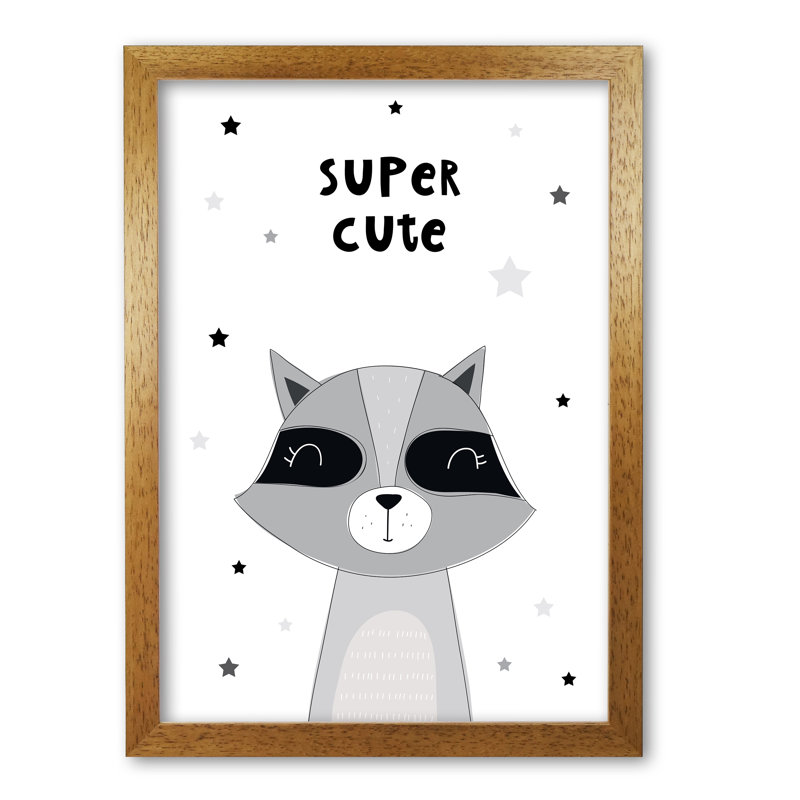Super Cute Raccoon - Print, 30 cm H x 21 cm W x 5 cm D, Honey Oak Frame