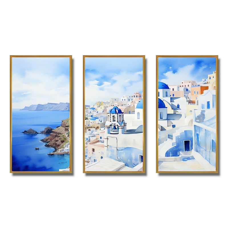 Bleu et blanc, îles Santorini III - Grèce, art mural, H 28 po x l 36 po, Cadre flottant doré