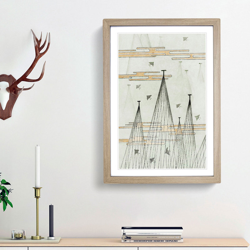 Skyscape with Birds by Watanabe Seitei - Picture Frame Painting Print, 87cm H x 62cm W x 2cm D, Oak Framed