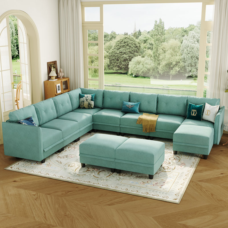 Edorta Upholstered U-Shaped Sectional, Teal Green Polyester